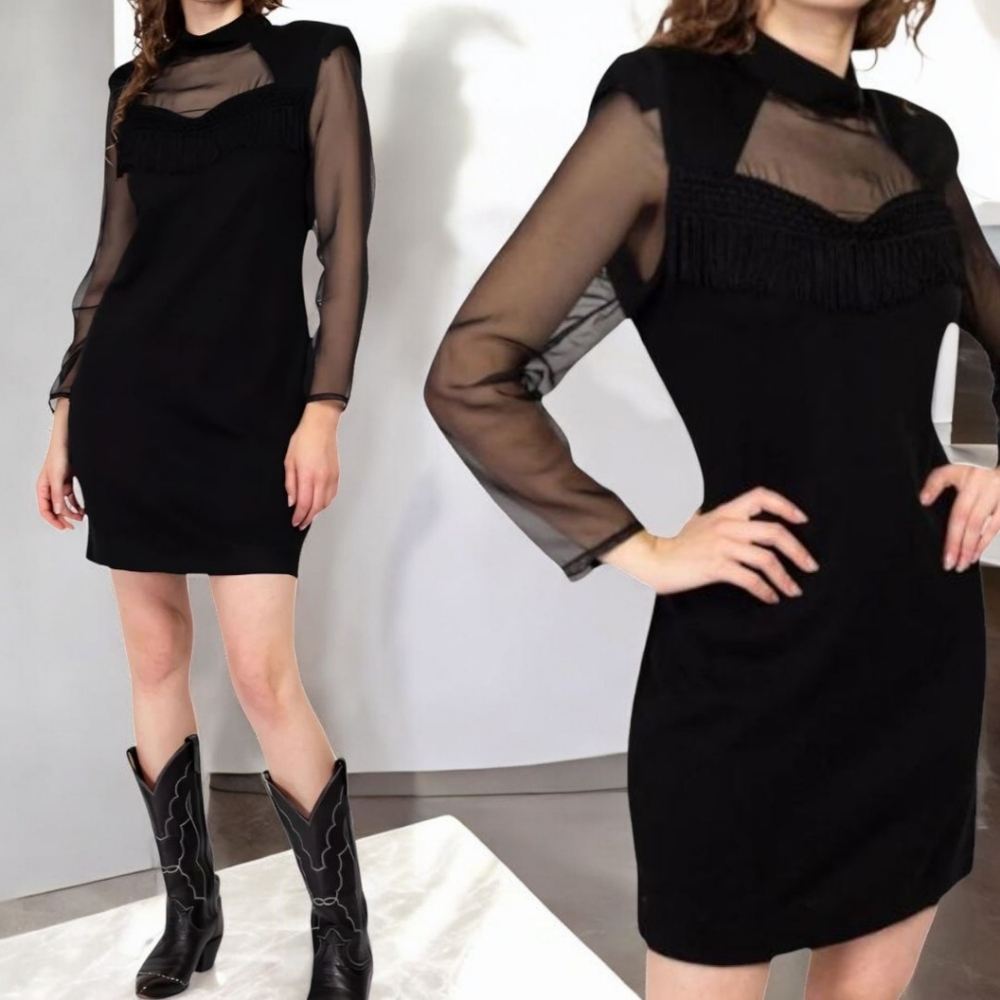 NOTORIOUS (9) Vintage Black Sheer Fringe Evening Formal Dress